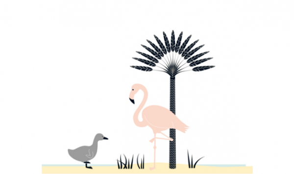 Ilustración del libro Cuac - patito feo encontrándose con un pelícano