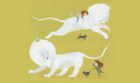 Ilustración del libro el León Nieve - león blanco jugando con niña