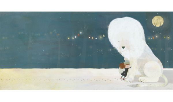 Ilustración del libro el León Nieve - león blanco y niña abrazándose