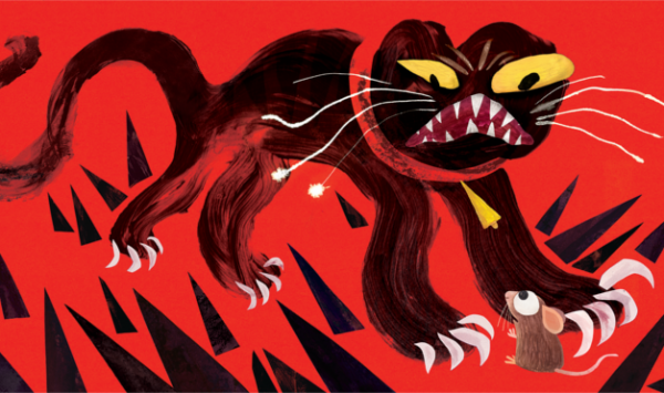 Ilustración del libro Todos vieron un gato - con un ratón en fondo rojo